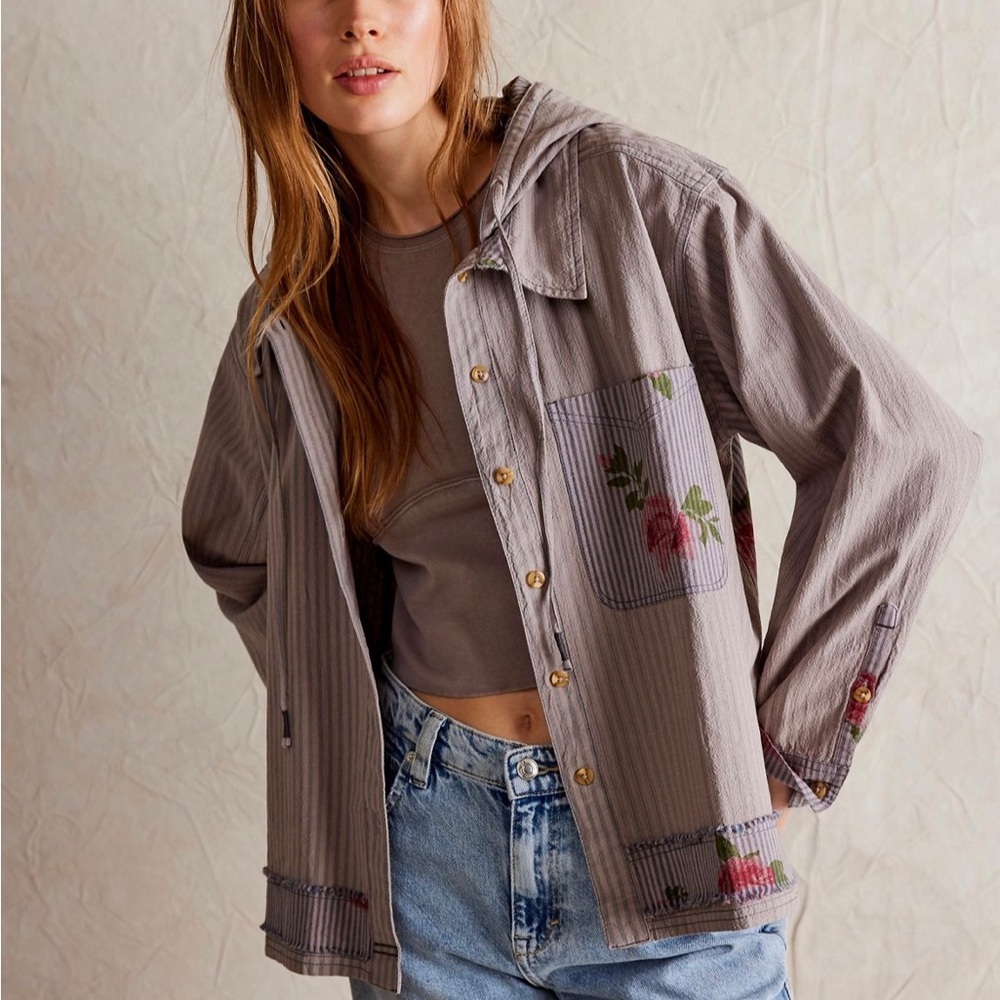 We The Free Taupe Striped Utility Jacket with Floral Patches